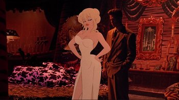 Movie still from “Cool World” (1992), directed by Ralph Bakshi – A woman in a white dress standing next to a man in a suit; Wide shot, Over the shoulder angle