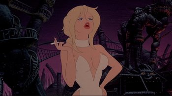 Movie still from “Cool World” (1992), directed by Ralph Bakshi – A woman in a white dress is smoking a cigarette; Close Up shot, Low angle