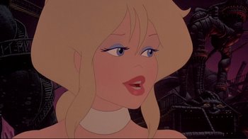 Movie still from “Cool World” (1992), directed by Ralph Bakshi – A woman with blonde hair and blue eyes; Close Up shot, Low angle
