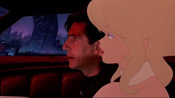 Movie still from “Cool World” (1992), directed by Ralph Bakshi – A man and a woman are looking at each other in the backseat of a car; Close Up shot, Over the shoulder angle