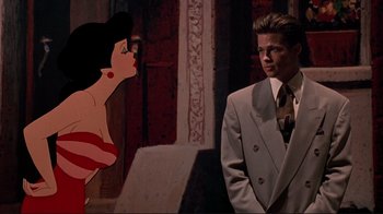 Movie still from “Cool World” (1992), directed by Ralph Bakshi – A man in a suit standing next to an animated woman; Medium shot, Over the shoulder angle