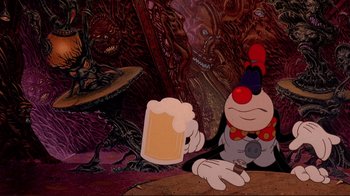 Movie still from “Cool World” (1992), directed by Ralph Bakshi – An animated character holding a mug of beer in front of a demonic background; Medium shot, Low angle