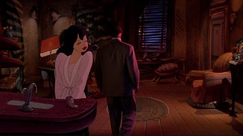Movie still from “Cool World” (1992), directed by Ralph Bakshi – A man and a woman are standing in a living room; Wide shot, Over the shoulder angle