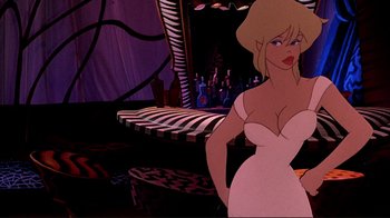 Movie still from “Cool World” (1992), directed by Ralph Bakshi – A woman in a white dress standing in front of a mirror; Medium shot, Low angle