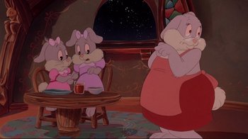 Movie still from “Cool World” (1992), directed by Ralph Bakshi – A group of cartoon characters sitting around a table; Medium shot, Over the shoulder angle