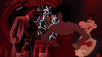 Movie still from “Cool World” (1992), directed by Ralph Bakshi – An animated woman in a red dress standing in front of a man; Medium shot, Over the shoulder angle