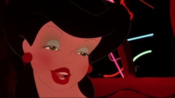 Movie still from “Cool World” (1992), directed by Ralph Bakshi – A woman's face with a black hat on; Close Up shot, Low angle