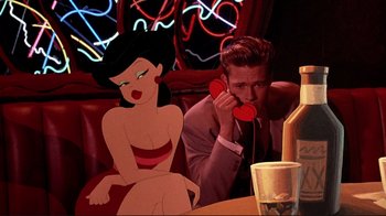 Movie still from “Cool World” (1992), directed by Ralph Bakshi – A man and a woman sitting at a table with a phone; Medium shot, Low angle