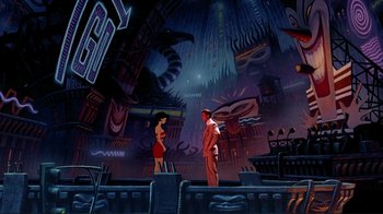 Movie still from “Cool World” (1992), directed by Ralph Bakshi – A couple of people standing next to each other in a room; Extreme Wide shot, High angle