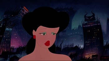 Movie still from “Cool World” (1992), directed by Ralph Bakshi – A woman's face in front of an animated background; Close Up shot, Over the shoulder angle