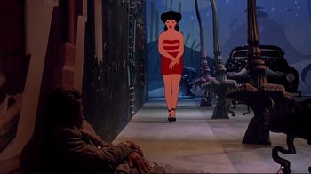 Movie still from “Cool World” (1992), directed by Ralph Bakshi – An animated figure of a woman walking down a street; Wide shot, Low angle