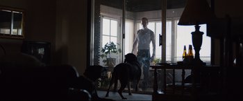 Movie still from “Cop Car” (2015), directed by Jon Watts – A man and two dogs in front of a window; Wide shot, Low angle