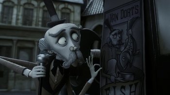 Movie still from “Corpse Bride” (2005), directed by Tim Burton – A cartoon of a man with a beard and a cane; Medium shot, Over the shoulder angle