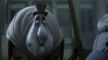 Movie still from “Corpse Bride” (2005), directed by Tim Burton – The head and face of a cartoon character; Close Up shot, Low angle