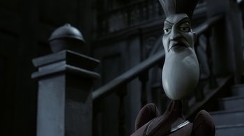 Movie still from “Corpse Bride” (2005), directed by Tim Burton – The head of a character in the movie; Close Up shot, Low angle