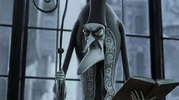 Movie still from “Corpse Bride” (2005), directed by Tim Burton – A character from hotel transylvania; Medium shot, Low angle