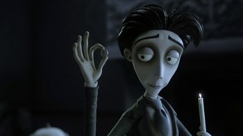Movie still from “Corpse Bride” (2005), directed by Tim Burton – A doll of a character from the movie frankenweenie; Close Up shot, Over the shoulder angle