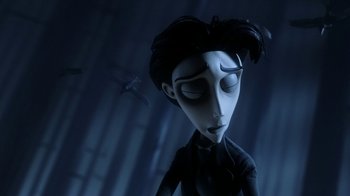 Movie still from “Corpse Bride” (2005), directed by Tim Burton – A creepy looking animated character is in the dark; Close Up shot, Low angle