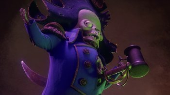 Movie still from “Corpse Bride” (2005), directed by Tim Burton – A person dressed as a pirate holding a sword; Medium shot, Low angle