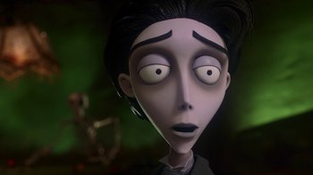 Movie still from “Corpse Bride” (2005), directed by Tim Burton – The face of a cartoon character; Close Up shot, Low angle