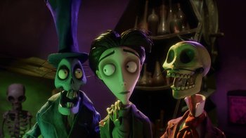 Movie still from “Corpse Bride” (2005), directed by Tim Burton – A group of people standing next to each other in a room; Medium shot, Over the shoulder angle