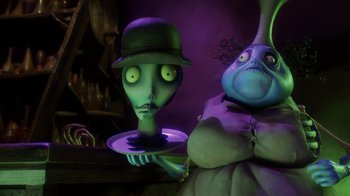 Movie still from “Corpse Bride” (2005), directed by Tim Burton – A couple of people standing next to each other in a room; Close Up shot, High angle