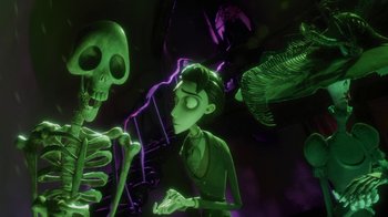 Movie still from “Corpse Bride” (2005), directed by Tim Burton – A skeleton and a boy are in a dark room; Medium shot, Over the shoulder angle