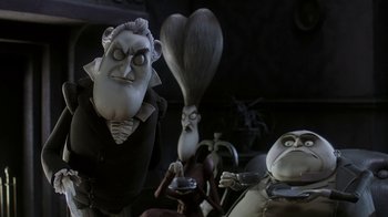 Movie still from “Corpse Bride” (2005), directed by Tim Burton – A group of people that are standing in a room; Medium shot, Low angle