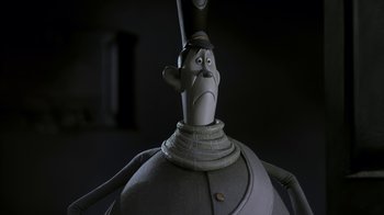 Movie still from “Corpse Bride” (2005), directed by Tim Burton – A character's face in a cartoon; Close Up shot, Low angle