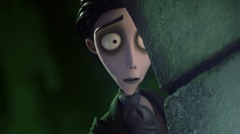 Movie still from “Corpse Bride” (2005), directed by Tim Burton – The head of a cartoon character; Close Up shot, Low angle