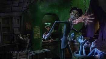 Movie still from “Corpse Bride” (2005), directed by Tim Burton – A scene from a movie with a creepy character; Wide shot, Over the shoulder angle
