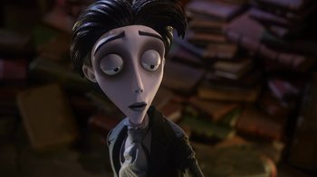 Movie still from “Corpse Bride” (2005), directed by Tim Burton – The head and shoulders of a cartoon character; Close Up shot, Low angle