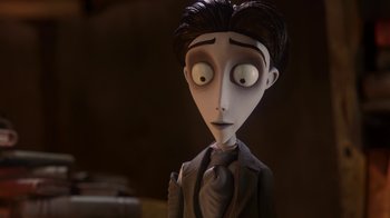 Movie still from “Corpse Bride” (2005), directed by Tim Burton – The head of the character , frankenweenie; Close Up shot, Over the shoulder angle