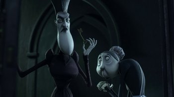 Movie still from “Corpse Bride” (2005), directed by Tim Burton – A couple of people that are standing up in a room; Close Up shot, Over the shoulder angle