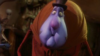 Movie still from “Corpse Bride” (2005), directed by Tim Burton – A character's face with a hat on; Close Up shot, Over the shoulder angle