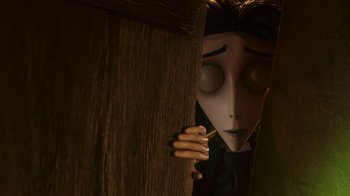 Movie still from “Corpse Bride” (2005), directed by Tim Burton – A person's face in a room; Close Up shot, Low angle