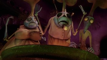 Movie still from “Corpse Bride” (2005), directed by Tim Burton – A couple of people that are standing in the grass; Medium shot, Low angle