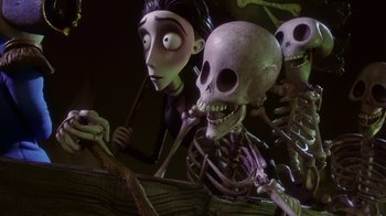 Movie still from “Corpse Bride” (2005), directed by Tim Burton – A cartoon character with a skeleton; Medium shot, Low angle