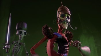 Movie still from “Corpse Bride” (2005), directed by Tim Burton – A skeleton wearing a helmet; Medium shot, Low angle