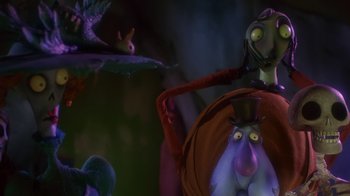 Movie still from “Corpse Bride” (2005), directed by Tim Burton – A cartoon character with a hat on; Medium shot, Low angle
