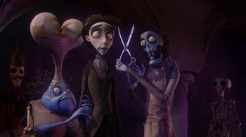 Movie still from “Corpse Bride” (2005), directed by Tim Burton – A group of people standing next to each other holding scissors; Medium shot, Over the shoulder angle