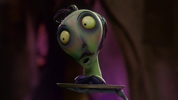 Movie still from “Corpse Bride” (2005), directed by Tim Burton – The head of an alien doll; Close Up shot, High angle