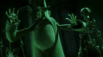 Movie still from “Corpse Bride” (2005), directed by Tim Burton – A cartoon character with a beard and a hat; Medium shot, Low angle