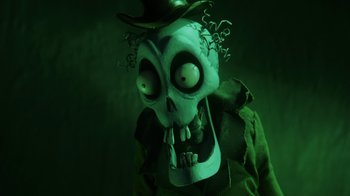 Movie still from “Corpse Bride” (2005), directed by Tim Burton – A creepy looking skeleton with a hat on; Close Up shot, Low angle
