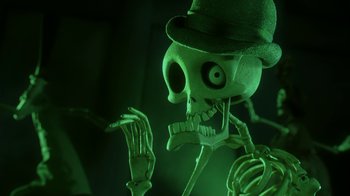 Movie still from “Corpse Bride” (2005), directed by Tim Burton – A skeleton wearing a green top hat and holding his hands out; Close Up shot, Low angle