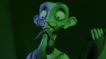 Movie still from “Corpse Bride” (2005), directed by Tim Burton – A green statue of a man with a long mustache; Close Up shot, Low angle