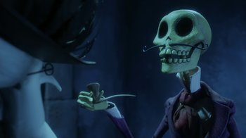 Movie still from “Corpse Bride” (2005), directed by Tim Burton – A skeleton holding a knife in his mouth; Close Up shot, Over the shoulder angle