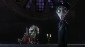 Movie still from “Corpse Bride” (2005), directed by Tim Burton – A scene from the animated movie corpse bride; Medium shot, Over the shoulder angle