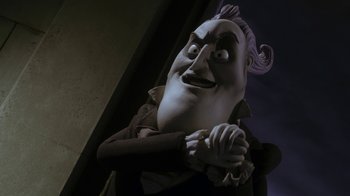 Movie still from “Corpse Bride” (2005), directed by Tim Burton – The head of a character from the movie hotel transylvania; Close Up shot, Low angle