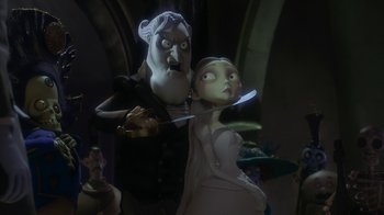 Movie still from “Corpse Bride” (2005), directed by Tim Burton – A man and a woman are standing next to each other; Medium shot, Low angle